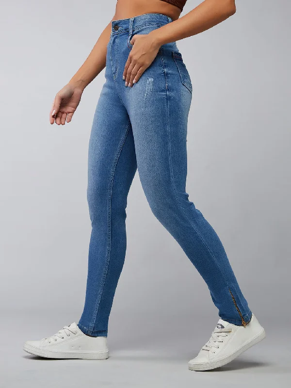 White Jeans for Fresh Look -Women's Blue Skinny Fit High Rise Clean Look Regular Length Zipper Detailing Scraped Stretchable Denim Jeans