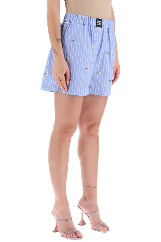 Lightweight linen shorts for women with relaxed fit and breathable materials-striped poplin shorts with sequin flowers