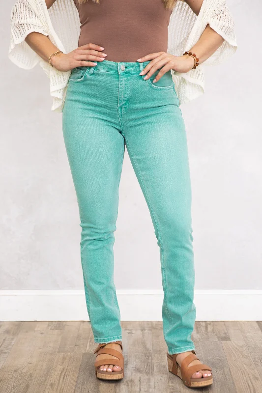 Vintage wash straight jeans for retro fashion vibes -Flying Monkey Turquoise Straight Laced Jeans