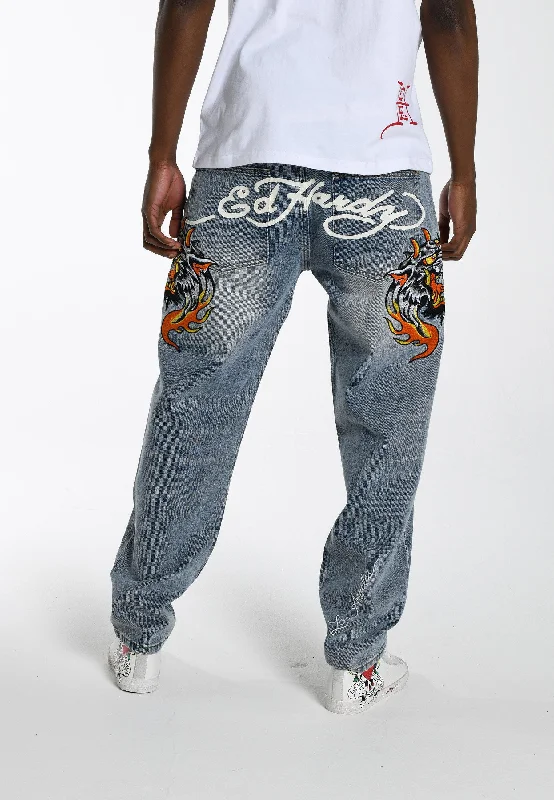 Cozy fleece pants for cold winter nights -Mens Hell-Cats Tattoo Graphic Denim Trousers Jeans - Bleach