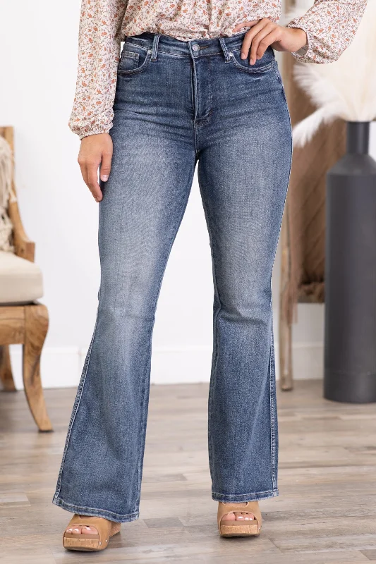 Distressed blue straight jeans for bold looks -Judy Blue Tummy Control Flare Jeans