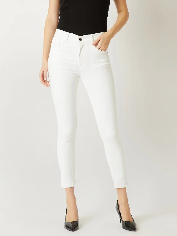 Party Jeans for Night Out -Women's White Skinny High Rise Clean Look Bleached Cropped Stretchable Denim Jeans