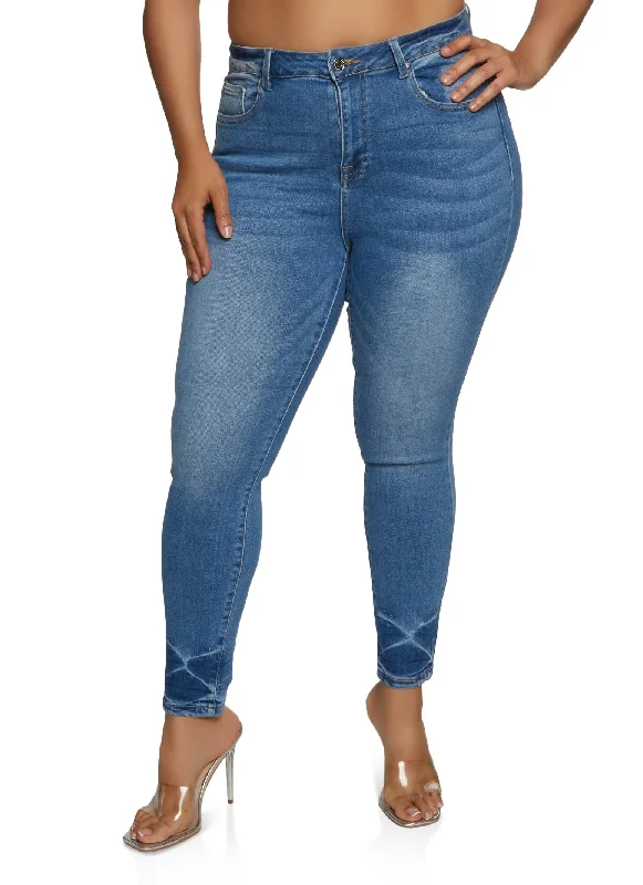 Frayed Hem Jeans for Edgy -Plus Size WAX High Waisted Whiskered Skinny Jeans