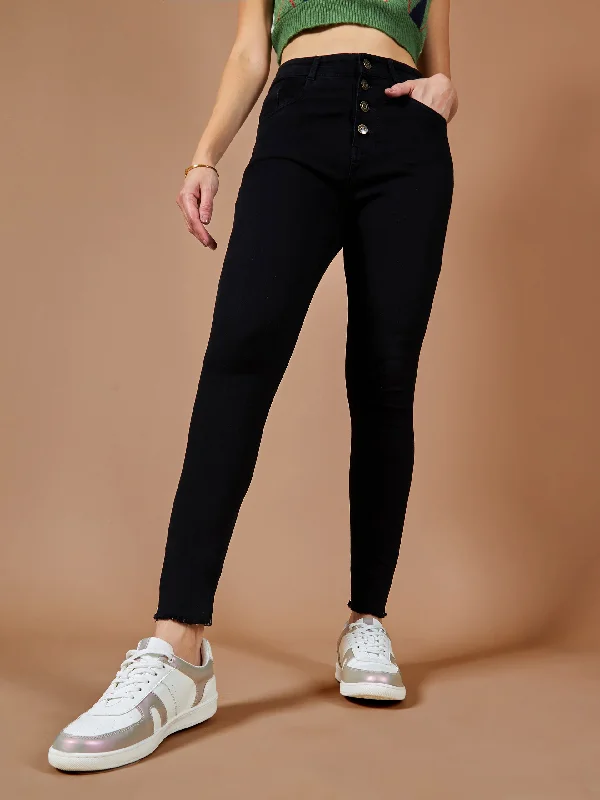 Holiday Jeans for Festive -Women's Black Skinny High Rise Clean Look Cropped Fringed Hemline Solid Stretchable Denim Jeans