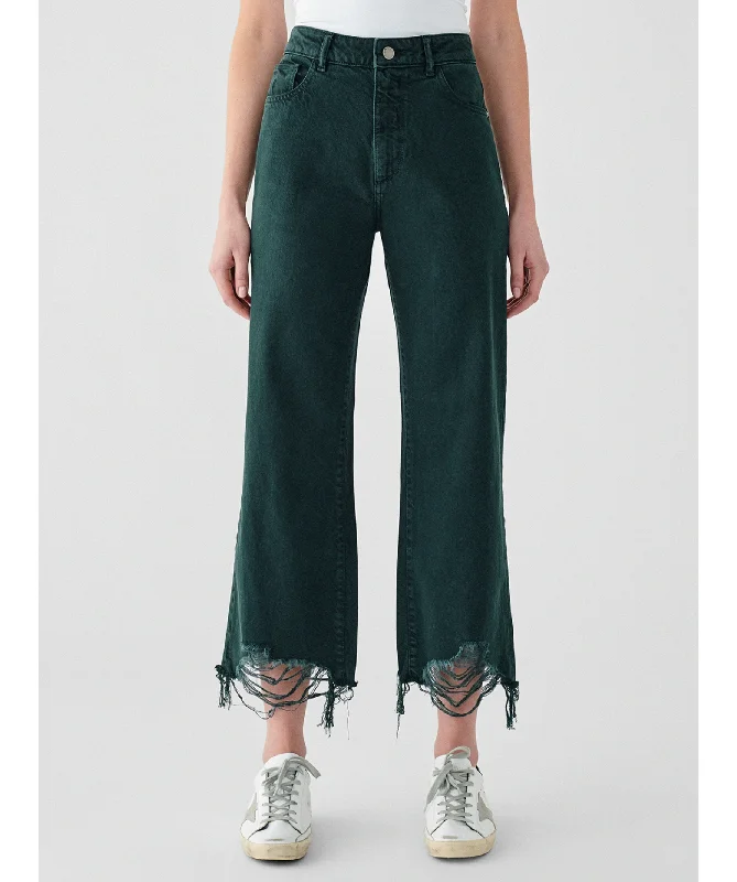 High-quality straight jeans with double-stitched seams -DL1961 HEPBURN GREEN HIGH RISE WIDE LEG DISTRESSED HEM JEANS W26