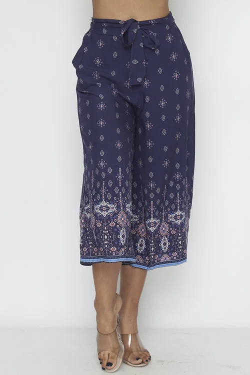 Lightweight faded straight jeans for warm climates -Navy Geometric Print Palazzo Capri Pants with Waist Tie (YD8CLT01-05)