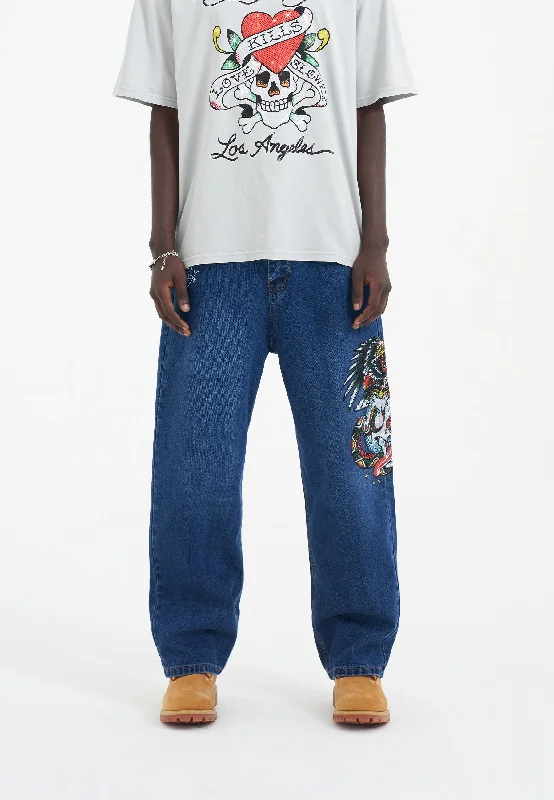 Stretchy skinny pants for figure-hugging appeal -Mens Skull-Snake-Eagle Diamante Denim Trousers Jeans - Indigo