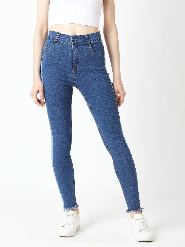 Weekend Jeans for Lazy -Women's Blue Skinny High Rise Clean Look Fringe And Silky Denim Tape Detailing Cropped Denim Jeans