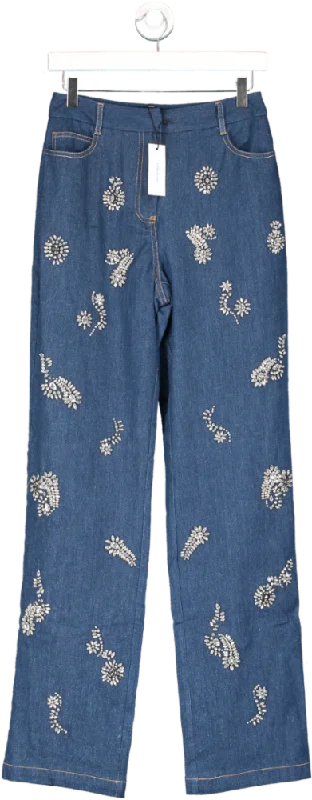 Light blue straight jeans for spring outfits -Karen Millen Blue Embellished Mid Rise Straight Leg Denim Jeans UK 6