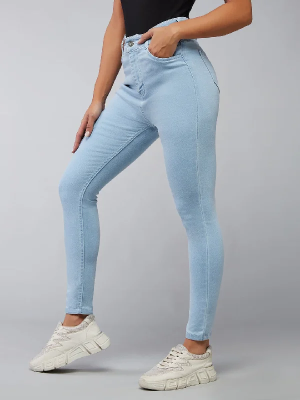 Maxi Skirt Jeans for Elegant -Women's Light Blue Skinny Fringed Hemline Detailing High Rise Ice Wash Clean Look Cropped Solid Stretchable Denim Jeans