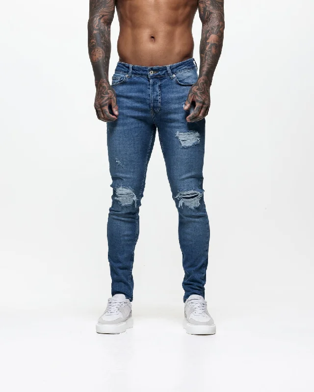 Five Pocket Jeans for Storage -Ripped & Repaired Skinny Jeans - Blue Wash