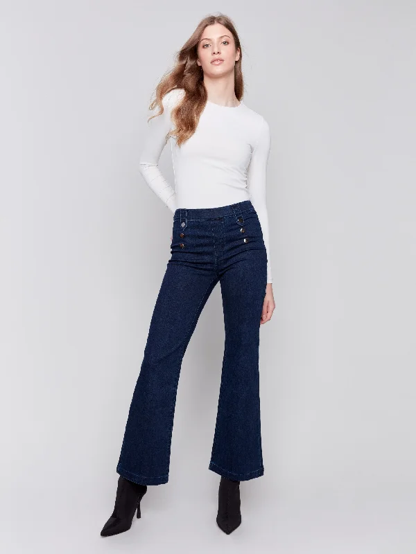 Lightweight travel pants with wrinkle-free fabric -Pull-On Flare Jeans with Front Buttons - Blue Black