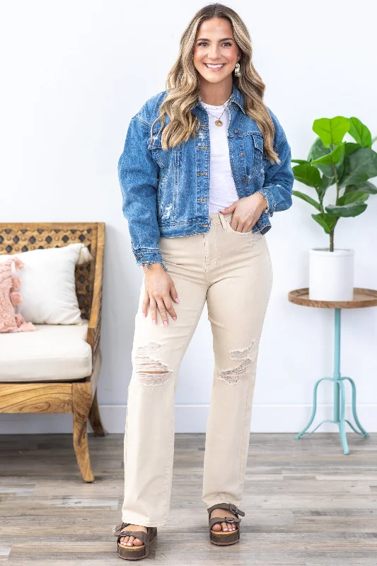 Vintage straight jeans with 90s-inspired cuts -Judy Blue Beige The 90s Straight Leg Jeans