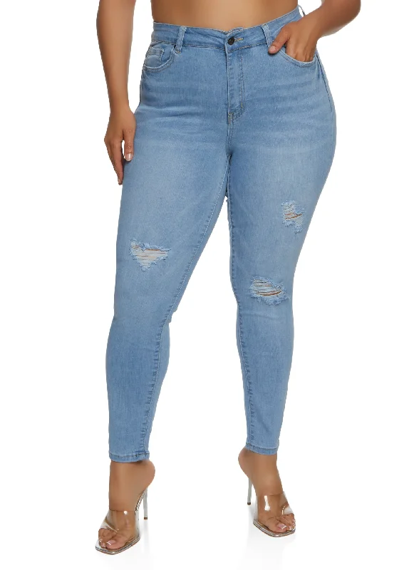 Work Jeans for Tough Jobs -Plus Size WAX Distressed Whiskered High Waisted Skinny Jeans