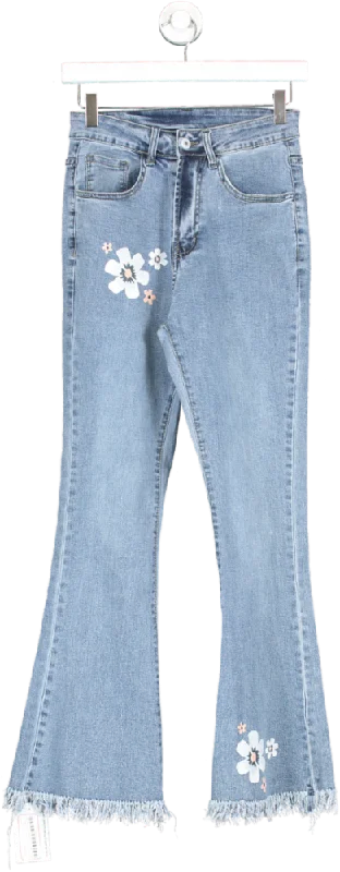 Trendy high-waisted straight jeans for women’s wear -Blue Frayed Hem Flared Flower Detail Jeans UK S