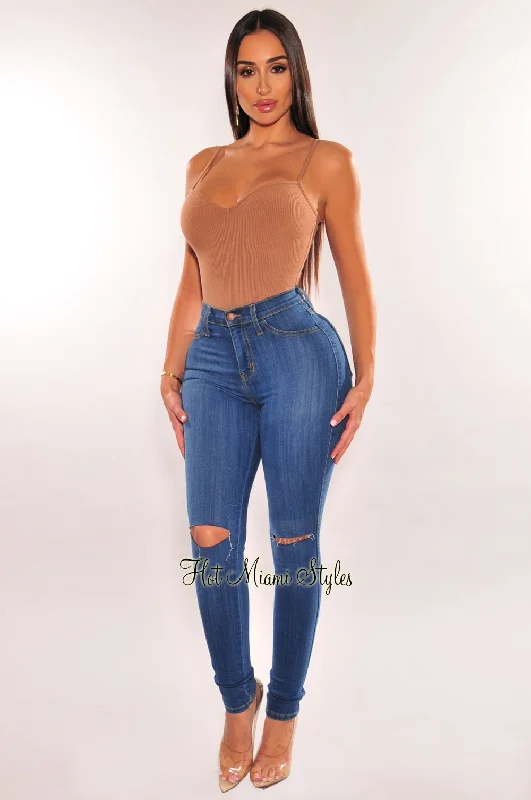 Wide Leg Jeans for Comfort -Denim Ripped Knee High-Waist Skinny Jeans