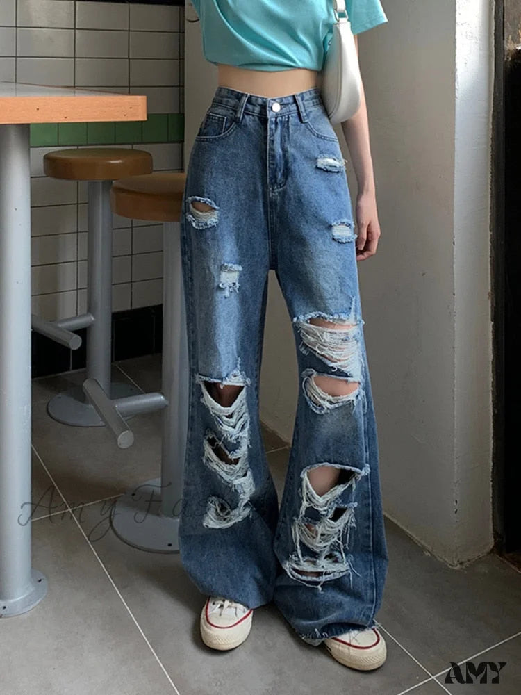 Stylish cropped pants for warm season trends -Amy Fashion - Loose Ripped Wide-leg Jeans Thin Women's Trousers