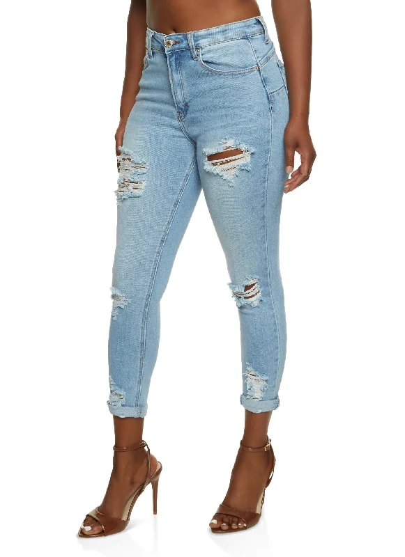 Jean Skirts for Feminine -WAX Ripped Rolled Cuff Skinny Jeans