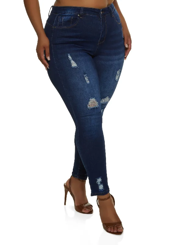 Button Fly Jeans for Traditional -Plus Size WAX High Rise Distressed Push Up Skinny Jeans