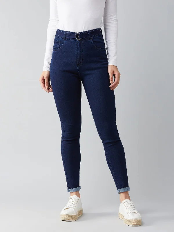 Women's Navy Blue Cotton Skinny Fit Relaxed High Rise Regular Length Stretchable Denim Jeans