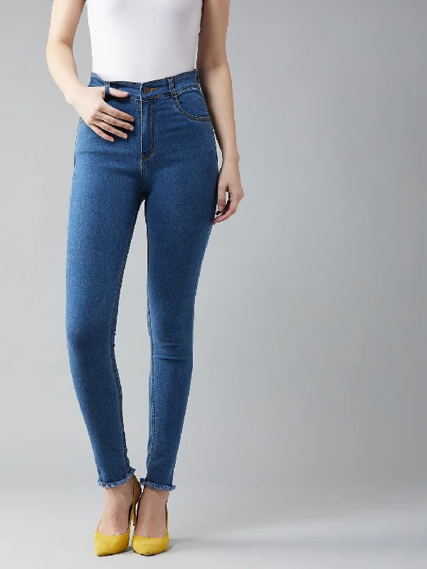 Casual Friday Jeans for Relaxed -Women's Blue Skinny High Rise Cropped Length Fringe Detailing Stretchable Denim Jeans