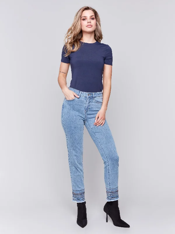 Cozy sweatpants pants for lazy Sunday mornings -Embroidered Hem Jeans - Light Blue