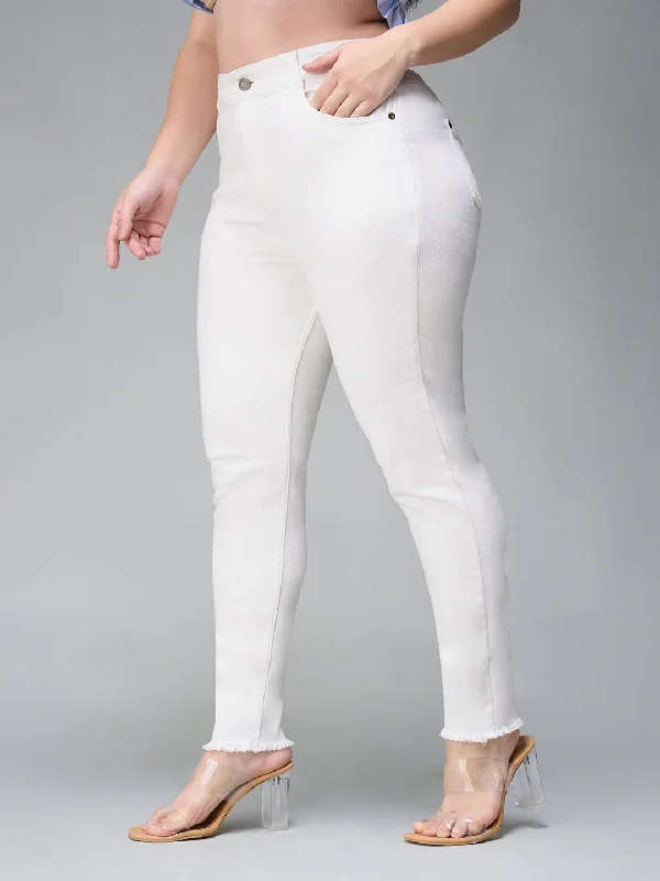 Raw Hem Jeans for Trendy -Women's White Skinny High Rise Bleached Cropped Stretchable Denim Jeans