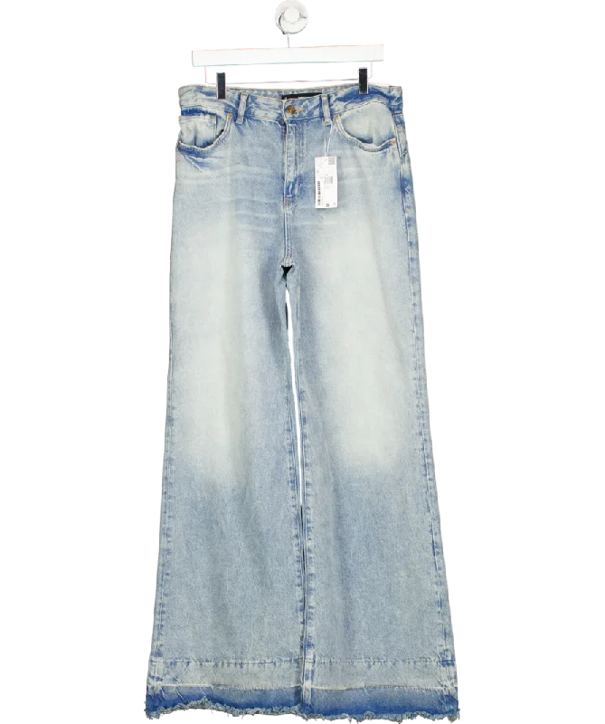 Raw edge straight jeans for unique finishes -MANGO Blue Wide Leg Low Frayed Hem Jeans UK 12