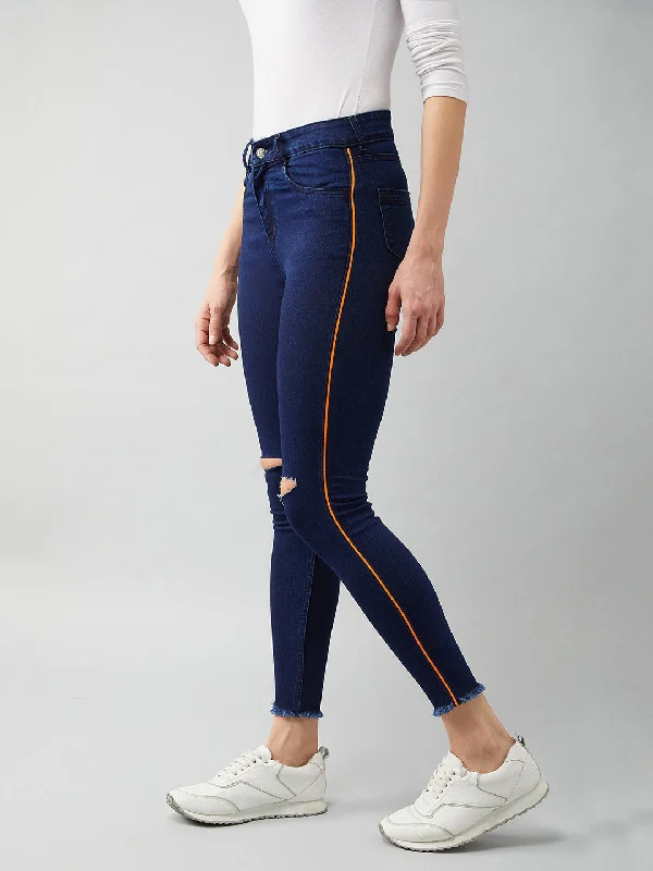 Button Fly Jeans for Traditional -Women's Navy Blue Skinny Fit High Rise Cropped Denim Stretchable Jeans