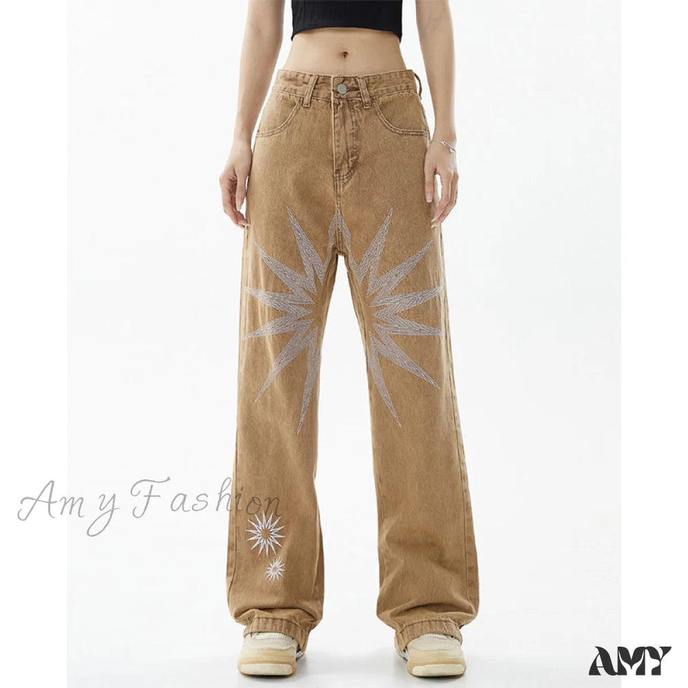 Durable twill pants for tough outdoor jobs -Amy Fashion - Graphic Pattern Vintage Khaki Jeans