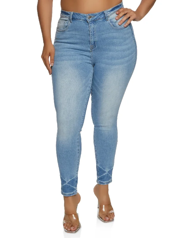 Raw Hem Jeans for Trendy -Plus Size WAX High Waisted Whiskered Skinny Jeans