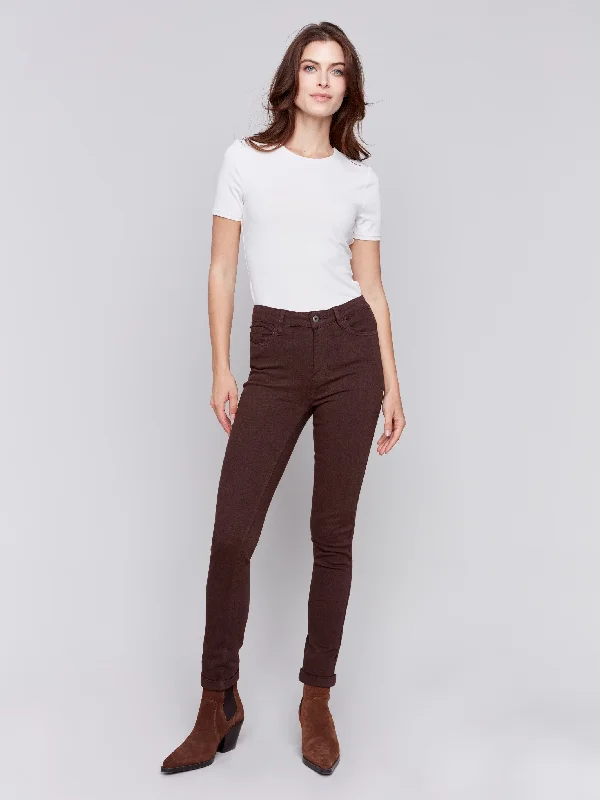 Designer jogger pants for upscale street style -Cuffed Hem Twill Jeans - Mocha