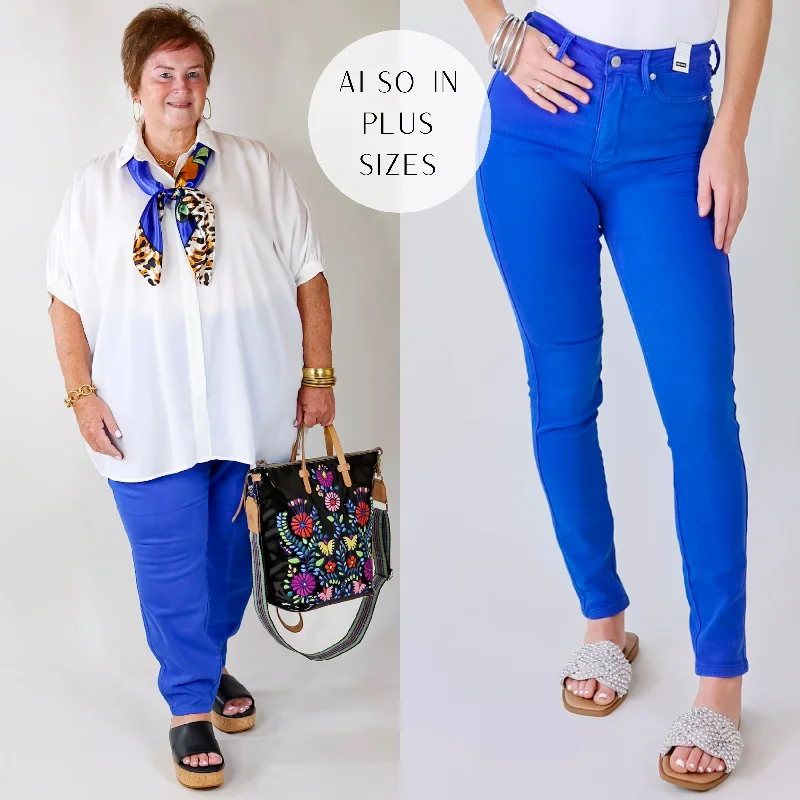 Work Jeans for Tough Jobs -Last Chance Size 0 | Judy Blue | Vibrant Smiles Control Top Skinny Jeans in Cobalt Blue