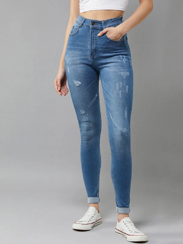 Acid Wash Jeans for Vintage -Women's Blue Skinny High Rise Mild Distress Stretchable Denim Jeans