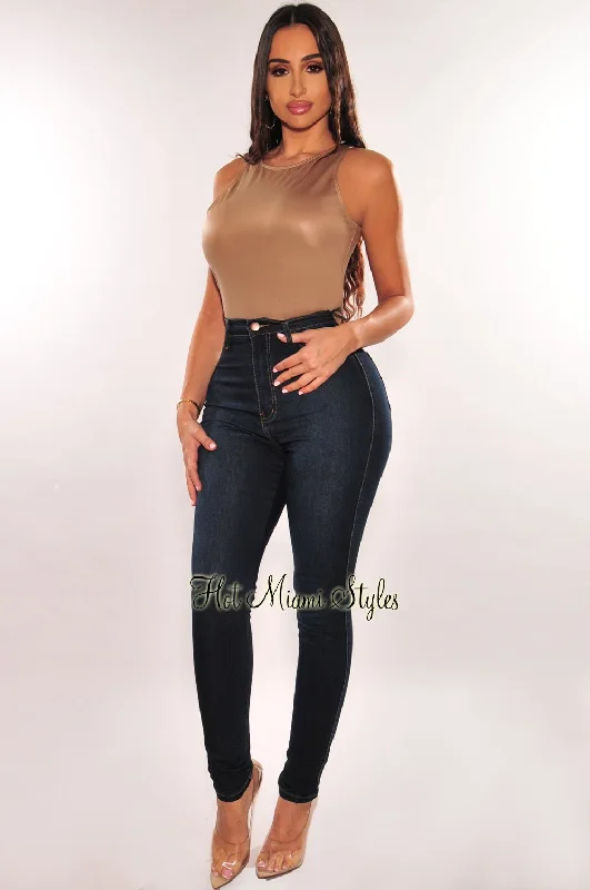 Ripped Jeans for Trendy Look -Dark Wash Denim High-Waist Skinny Jeans