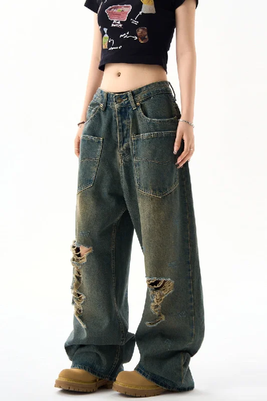 Lightweight culottes pants for summer fashion flair -Casual Ripped Reverse Design Jeans Vintage Washed Distressed Wide-Leg Pants