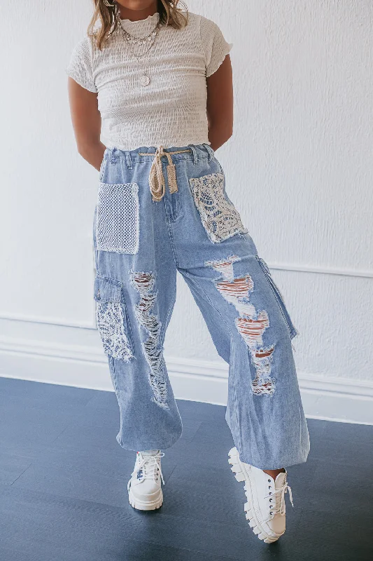 Comfort-fit straight jeans for relaxed posture ease -POL: Distressed Denim Joggers Patchwork with Lace Pockets