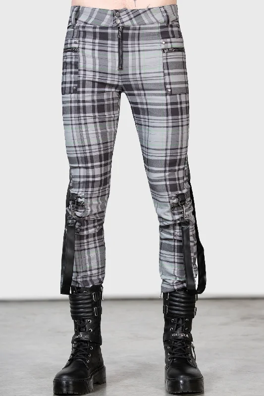 Affordable denim pants for everyday rugged use -Office Riot Strappy Trousers [GREY TARTAN]