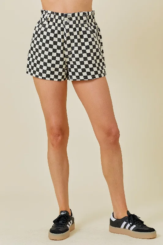 Trendy denim shorts for men with a slim fit and distressed finish for a casual style-Black Checker Print Denim Shorts