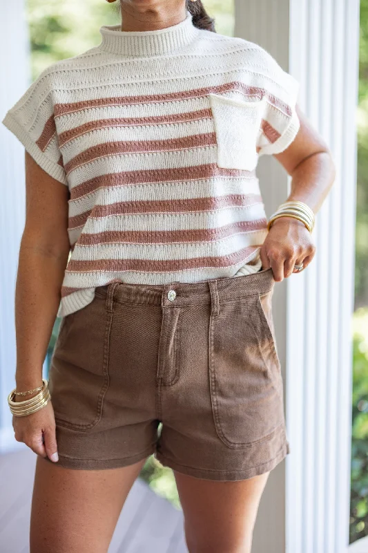 Trendy striped shorts for men with a contemporary pattern for a modern fashion statement-Fall Daze Brown Denim Shorts