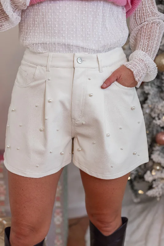 Comfortable fleece shorts for women with cozy lining for warmth on chilly days-Leather And Pearls Cream Shorts