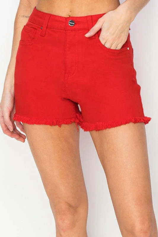 Women's shorts with adjustable waistbands for a custom and comfortable fit-Fiesta Red Denim Frayed Shorts